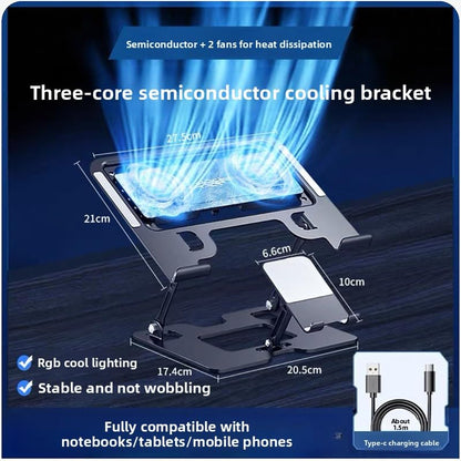 Laptop Cooling Stand (with 2 Silent Cooling Fans), Adjustable Height (with Detachable Phone Holder), Ergonomic Foldable Stand, Aluminum Alloy Cooling Base, Compatible with 10-17 inch laptops