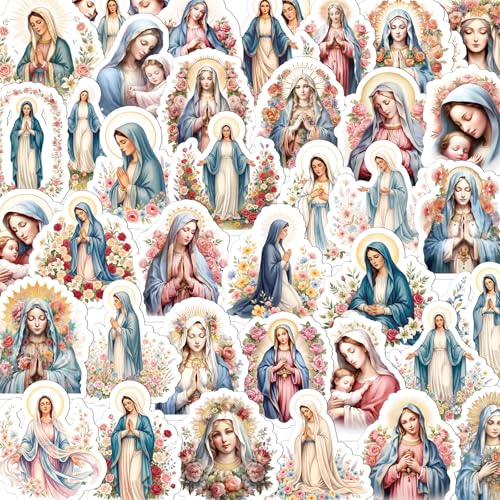 Virgin Mary Stickers for Adults - 50 Pcs Catholic Water Bottle Stickers, Blessed Mother Waterproof Scrapbook Sticker, Vinyl Decals for Luggage Laptop Journal - style: Catholic