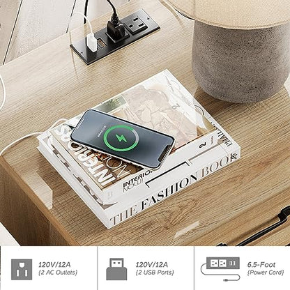 WAMPAT Farmhouse End Table with Charging Station, Light Wood Sofa Side Table with Storage Cabinet, Narrow Night Stand Bedside Table with Drawer for Living Room, Bedroom, Oak - color: Oak