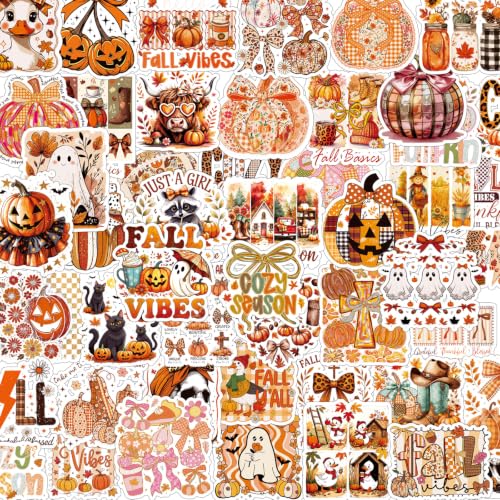 50 Pcs Fall Autumn Aesthetic Stickers Pumpkin Bow Scrapbook Sticker | Fall Autumn Pumpkin Design, Waterproof, Water Bottle Sticker, Vinyl Decals for Luggage Laptop Journal, Gift - style: Autumn