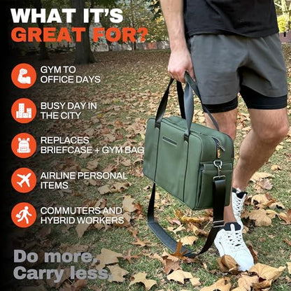 The FTL Lite Mens Gym to Office Bag - 17L Briefcase Gym Bag Hybrid with Shoe Compartment & 16" Laptop Sleeve - Executive Daily Carry & Overnight Duffel for Athletic Business Pros - Abbot Green - color: Abbot Green, style: Lite