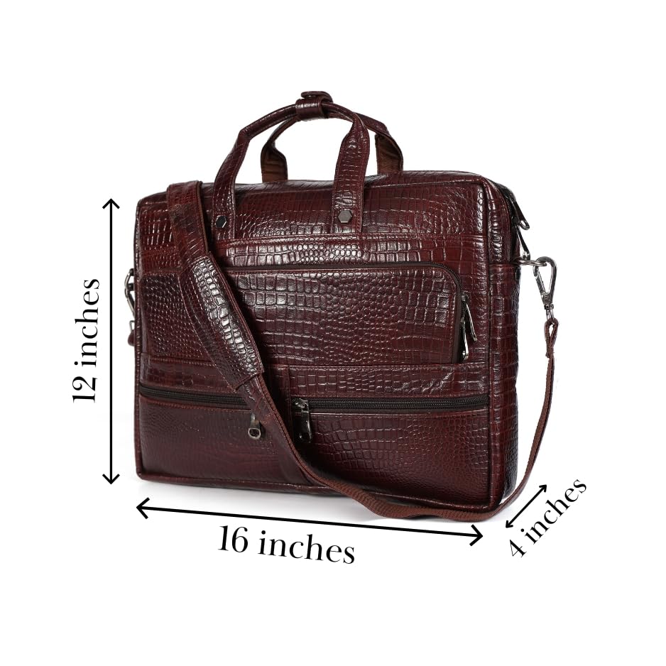 16" Crocodile Embossed Leather Laptop Briefcase, 5 Zipper Pockets, 2 Spacious Compartments, 16x12x4 inches. - color: Dark Brown