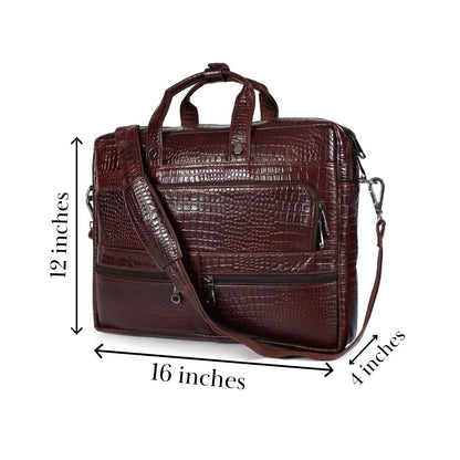 16" Crocodile Embossed Leather Laptop Briefcase, 5 Zipper Pockets, 2 Spacious Compartments, 16x12x4 inches. - color: Dark Brown