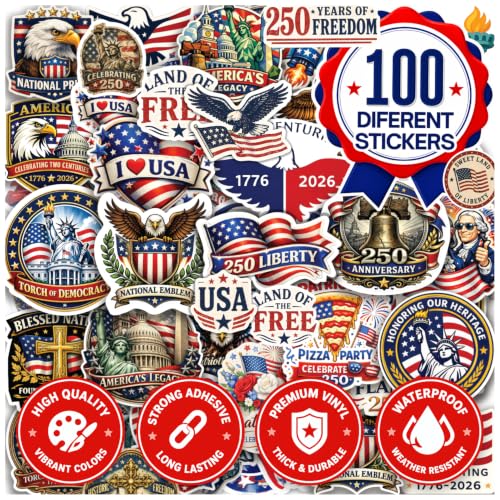 100 Pcs United States 250th Anniversary Stickers – 100 Unique Designs USA Vinyl Decals, Waterproof Stickers for Laptop, Water Bottle, Phone, Luggage, Scrapbook & Independence Day Celebration - color: 250th Anniversary Stickers, size: 100 Pcs