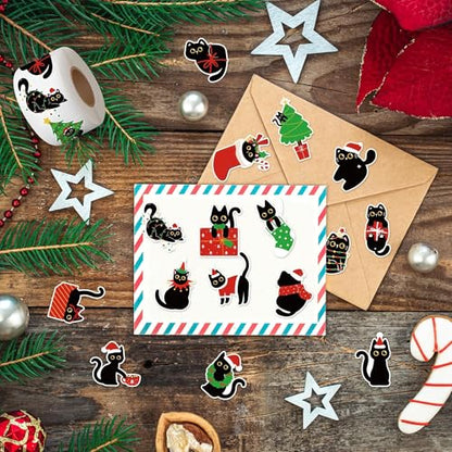 CNhoqc Christmas Black Cat Stickers - 2000 Pcs (4 Rolls) Vibrant Christmas Cat Stickers Santa Hat Tree String Light Waterproof Vinyl Decals Gift Wrapping Laptop Party Supplies Travel Case Skateboards - style: Christmas Black Cat 4-Rolls