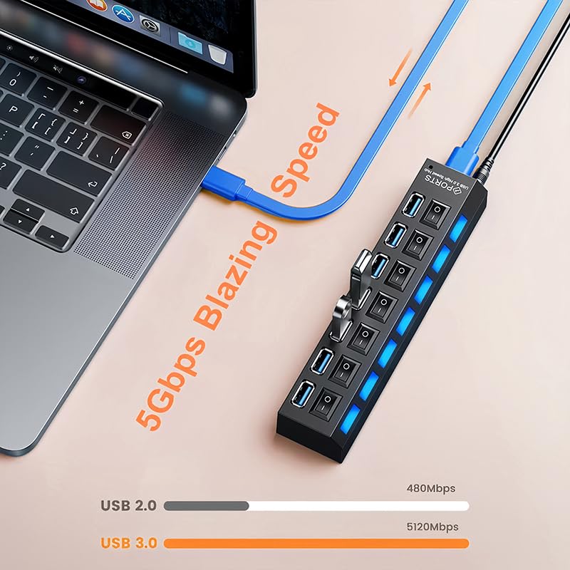 USB 3.0 Hub with Individual On/Off LED Switches, 1 USB 3.0 and 6 USB 2.0 Ports Hub Splitter with 0.52m/20.5'' Cable, Portable USB Adapter USB Extender for Data Transfer and Charging, Black