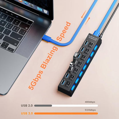USB 3.0 Hub with Individual On/Off LED Switches, 1 USB 3.0 and 6 USB 2.0 Ports Hub Splitter with 0.52m/20.5'' Cable, Portable USB Adapter USB Extender for Data Transfer and Charging, Black