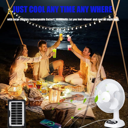 14400mAh Rechargeable Solar Powered Fan, AC DC Portable Camping PowerBank Fan ,12 Inch Oscillating Tabletop Fan with Led Night Light for Home Office Outdoor Camping Tent Traving
