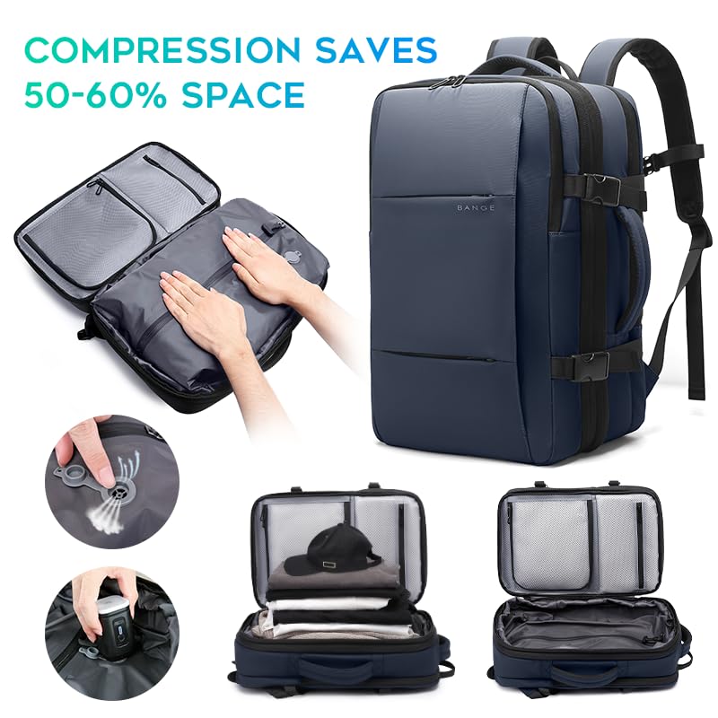 BANGE Backpack with Anti-Theft Vacuum Compression Travel Backpack,Expandable Backpacks with Pump for Airplanes - color: Blue