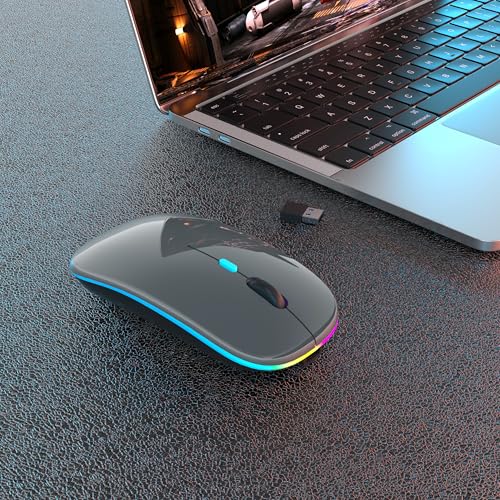 AIKOKOK Wireless Bluetooth Mouse, Rechargeable, Dual Mode Bluetooth 5.2 & 2.4G USB, LED Lights, Slim, Silent, Portable Computer Mouse for Laptop, PC, MacBook, iPad, Tablet (Grey) - color: Grey