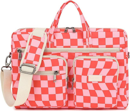 Muti-Pockets Laptop Briefcase Shoulder Bag Case,Rebound Bubble Cushioned Fits 15.6 inch-16 inch Laptop (Checkered) - color: Multicolor Floral, Pink