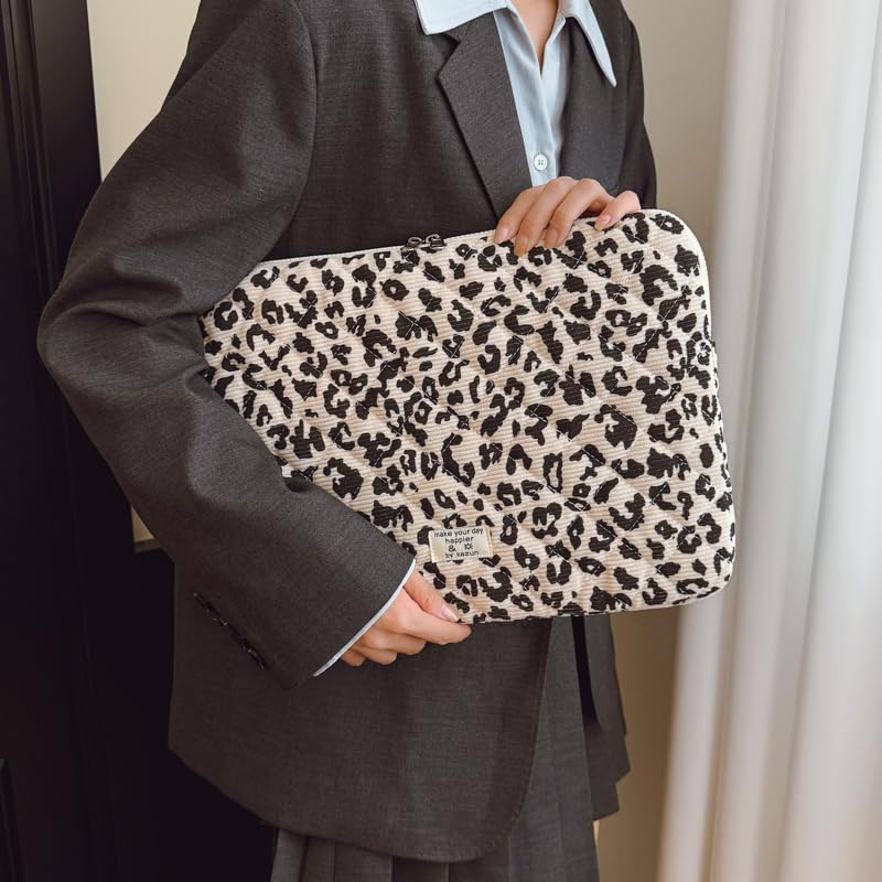 Cute Bow Puffy Laptop Sleeve 13-15 Inch Cute Quilted Laptop Protective Case Padded Bow Computer Sleeve for MacBook (Leopard Beige, 15inch) - color: Leopard Beige, size: 15inch