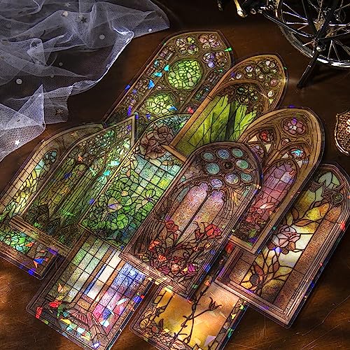 60PCS Large Holographic Gothic Stained Glass Window Medieval Stickers – Vintage Clear Cathedral Religious Art Decals for Scrapbooking, Journaling, Christian Bible Study, Art Crafts Supplies - color: Gothic Stained Window