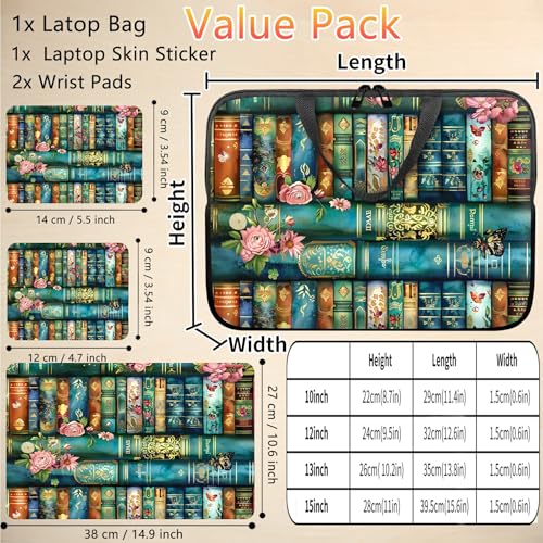 10 inch Laptop Sleeve with Laptop Skin Sticker Set – Slim Protective Case with Smooth Zipper, Lightweight Tablet & Notebook Sleeve for Travel & Daily Carry, Art Bookshelf - color: Art Bookshelf, size: 10 inch