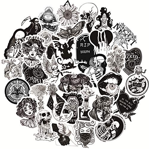50PCS Gothic Stickers for Water Bottle,Black White Skull Stickers,Waterproof Vinyl Stickers Perfect for Laptop Phone Car Skateboard