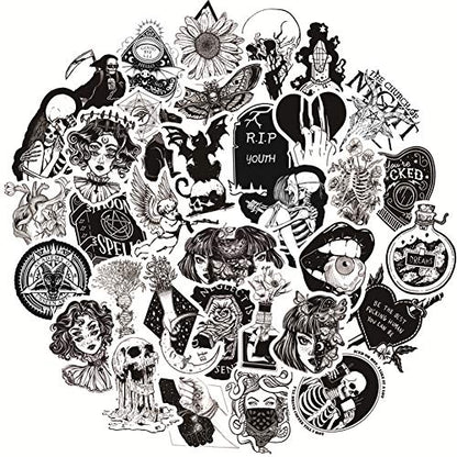 50PCS Gothic Stickers for Water Bottle,Black White Skull Stickers,Waterproof Vinyl Stickers Perfect for Laptop Phone Car Skateboard
