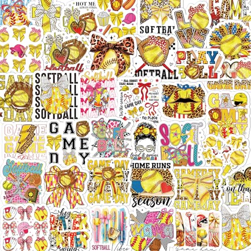 Softball Bow Stickers for Adults - 100 Pcs Coquete Sports Water Bottle Stickers, Cute Motivational Waterproof Scrapbook Sticker, Vinyl Decals for Luggage Laptop Journal - style: Softball