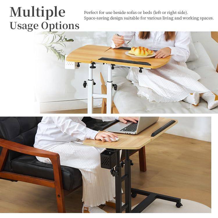 Adjustable Overbed Laptop Table Tilting Top with Mouse Pad, Height Adjustable Rolling Bedside Desk with Wheels for Home, Hospital, Sofa Use - Dark Blond Wood - color: Blond Wood