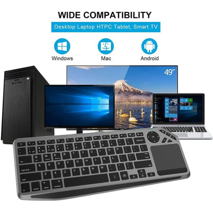 JOMAA 2.4G Wireless Bluetooth Dual Mode Connection TV Keyboard with Touchpad Media Control Multimedia Rechargeable 7Color Backlit Keyboard for Computer, Smart TV, Desktop, Laptop, iPad, Tablet