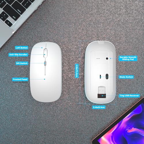 AIKOKOK Wireless Bluetooth Mouse, Rechargeable, Dual Mode Bluetooth 5.2 & 2.4G USB, LED Lights, Slim, Silent, Portable Computer Mouse for Laptop, PC, MacBook, iPad, Tablet (Bright White) - color: Bright White