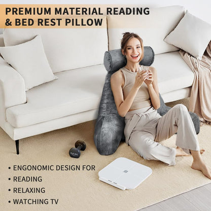 Reading Pillow for Adults Sitting‑Up in Bed, Backrest with Arms | Detachable Neck‑Cushion; Shredded Memory‑Foam; Side Pockets; Washable Velvet Cover; Gaming & TV, Sofa Use - color: Dark Grey