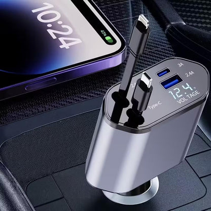 1Pc 120W 4-in-1 Telescopic Car Charger with 180° Rotating Base, 2.6 Feet (79.25Cm) Multi-Protocol Transmission Cable (PD, QC3.0), USB Type-C, Fast Charging Adapter Compatible with iPhone and Andorid