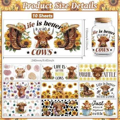 UV DTF Cup Wraps Transfer Stickers Christian Highland Cattle and Sunflower, 10 Sheets Waterproof Custom Vinyl Transfer Sticker 16oz Coffee Glass Cup Tumbler Bottle Mug Decals for Men Women | Waterproof UV DTF Stickers, Custom Vinyl Decals for 16oz Coffee