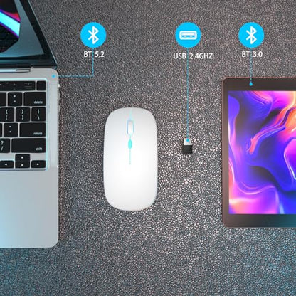 AIKOKOK Wireless Bluetooth Mouse, Rechargeable, Dual Mode Bluetooth 5.2 & 2.4G USB, LED Lights, Slim, Silent, Portable Computer Mouse for Laptop, PC, MacBook, iPad, Tablet (White) - color: White