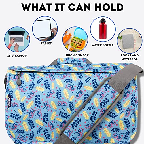 J World New York Thomas Laptop Messenger Bag for Women & Men. Kids Computer Bookbag - color: Sky Leaves