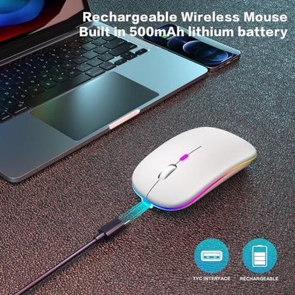 AIKOKOK Wireless Bluetooth Mouse, Rechargeable, Dual Mode Bluetooth 5.2 & 2.4G USB, LED Lights, Slim, Silent, Portable Computer Mouse for Laptop, PC, MacBook, iPad, Tablet (White) - color: White