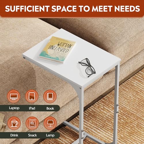 WLIVE C Shaped End Table, Small Couch Side Tables with Metal Frame, Sofa Table TV Tray for Living Room, Bedroom, White - color: White