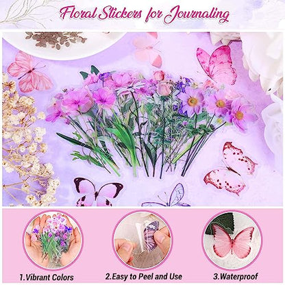 401Pcs Transparent Flower and Butterfly Stickers, Clear Floral Scrapbook Stickers Supplies for Journal Planner Notebook Resin Card Making Laptop Cell Phone Decorating | Clear Floral Scrapbook Stickers for Resin Crafts, Journal Planner Supplies, Card Makin
