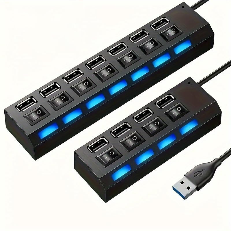 USB Hub, High Speed 7-Port Splitter with Individual LED Light Switches, Black, for PC and Laptop (Black-4in1) - color: Black-4in1