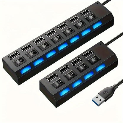 USB Hub, High Speed 7-Port Splitter with Individual LED Light Switches, Black, for PC and Laptop (Black-4in1) - color: Black-4in1