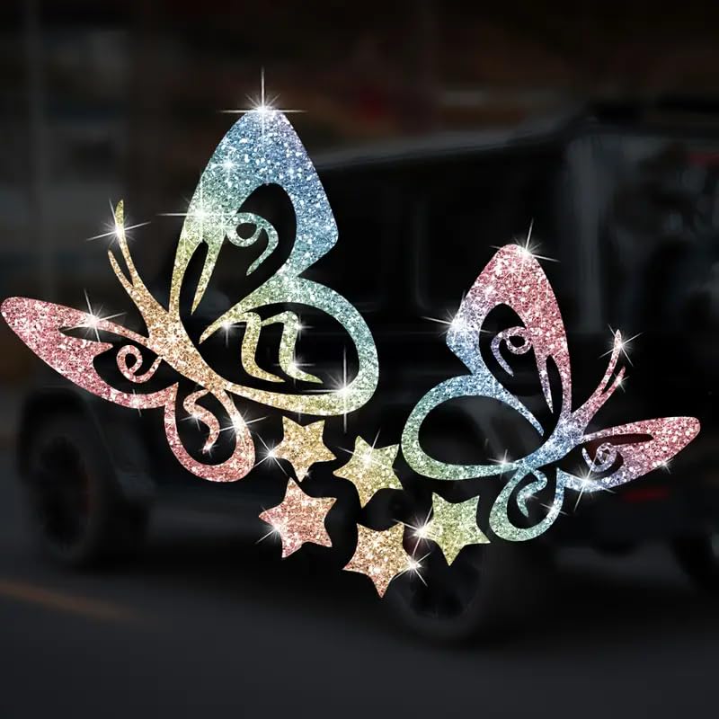 2pcs Sparkling Butterfly Star Sunflower Self-Adhesive PVC Rainbow Glittery Decal Sticker for Cars, Laptops, Trucks, Motorcycles Wall Window Luggage Scratch Cover Door Multi-Surface Decor Sticker