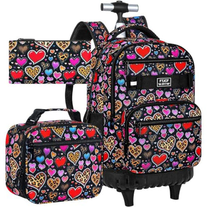 3Pcs Rolling Backpack for Girls, 19 Inche Women Roller Bag with Wheels for Adults, Wheeled Bookbag with Lunch Box(Brown) - color: Leopard Heart
