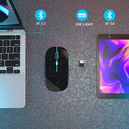 AIKOKOK Wireless Bluetooth Mouse, Rechargeable, Dual Mode Bluetooth 5.2 & 2.4G USB, LED Lights, Slim, Silent, Portable Computer Mouse for Laptop, PC, MacBook, iPad, Tablet (Pearl Black) - color: Pearl Black