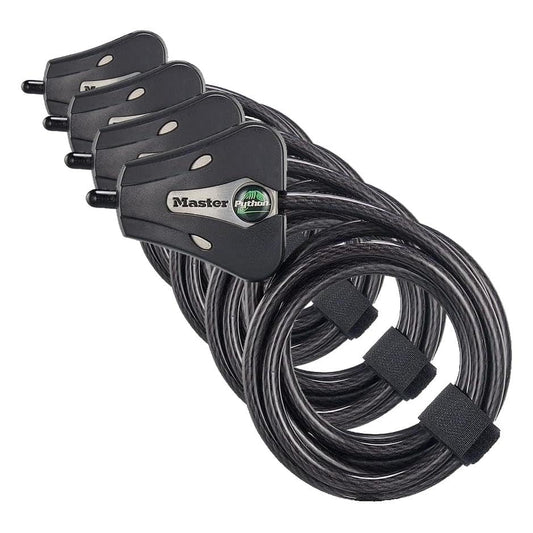 Master Lock Black Python Bike Lock with Key, Adjustable Metal Cable Lock has a Weather Resistant Vinyl Coating for Outdoor Equipment, Bicycles, Trail Cameras, 6 Feet Long, 8418D (Pack of 4) - color: Black, size: 6' x 5/16" (Pack of 4)