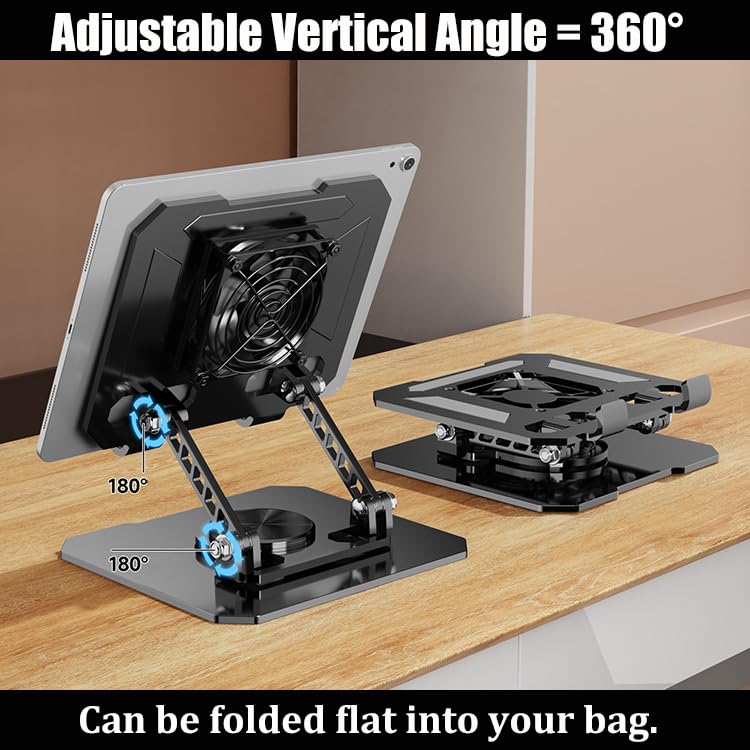 360° Rotating Desk Stand Holder with USB Cooler for iPad/Tablets | Carbon Steel Frame, Dual Rod Mount Support for iPad Pro 13 12 11 Air Mini 5 4 3 Samsung Tab E-Reader - color: Silver with built-in cooler