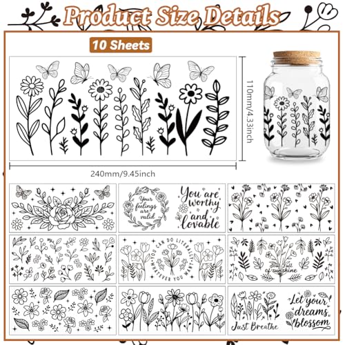 Black Line Flowers UV DTF Cup Wraps, 10 Sheets Transfer Sticker | Waterproof UV DTF Stickers, Custom Vinyl Decals for 16oz Coffee Cups Tumblers Bottles Mugs, DIY Gifts & Crafts - style: Black Line Flowers