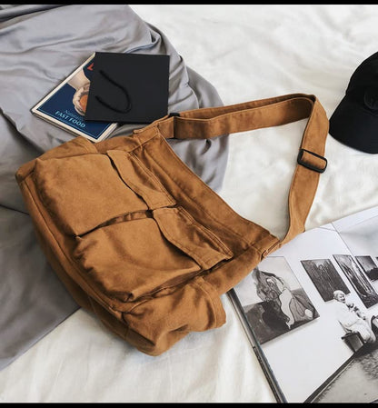 Canvas Messenger Bag Large Crossbody Bag with Multiple Pockets Canvas Shoulder Tote Bag for Women and Men - color: Brown