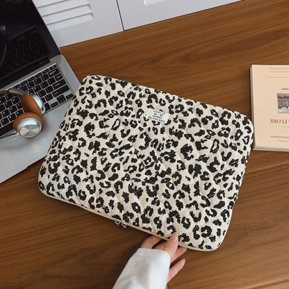 Cute Bow Puffy Laptop Sleeve 13-15 Inch Cute Quilted Laptop Protective Case Padded Bow Computer Sleeve for MacBook (Leopard Beige, 15inch) - color: Leopard Beige, size: 15inch