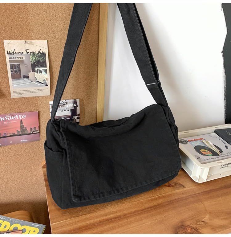 Canvas Messenger Bag Large Messenger Bags for Women Men Casual Canvas Crossbody Shoulder Bag with Multiple Pockets - color: Black