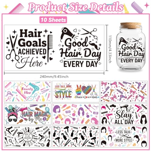 Peacoblue UV DTF Cup Wraps Transfer Stickers Hairstyle and Haircut Pattern, 10 Sheets Waterproof Custom Vinyl Transfer Sticker 16oz Coffee Glass Cup Tumbler Bottle Mug Decals for Men Women - style: Hairstyle and Haircut