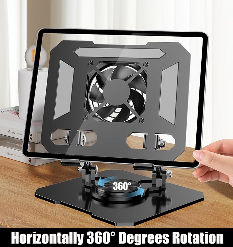 360° Rotating Desk Stand Holder with USB Cooler for iPad/Tablets | Carbon Steel Frame, Dual Rod Mount Support for iPad Pro 13 12 11 Air Mini 5 4 3 Samsung Tab E-Reader - color: Silver with built-in cooler