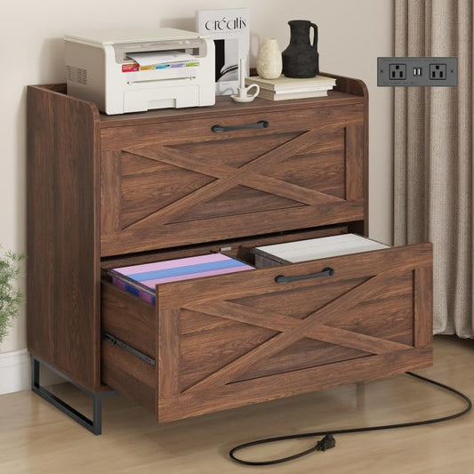 Halitaa 2 Drawer Lateral File Cabinet with Charging Station, Dark Walnut | Filing Cabinet for Letter/Legal/A4 Size Hanging Files, Large Wood File Storage Cabinet Printer Stand - color: Dark Walnut