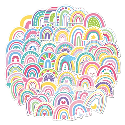 Rainbow Stickers Pack 50 PCS, Pastel Aesthetic Vinyl Waterproof Die-Cut Colorful Boho Sticker Set for Water Bottles Laptop Luggage Skateboard, Scrapbook Journal Phone Case Notebook