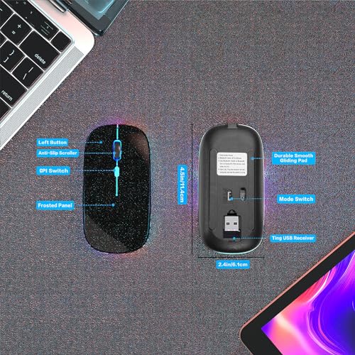 AIKOKOK Wireless Bluetooth Mouse, Rechargeable, Dual Mode Bluetooth 5.2 & 2.4G USB, LED Lights, Slim, Silent, Portable Computer Mouse for Laptop, PC, MacBook, iPad, Tablet (Pearl Black) - color: Pearl Black