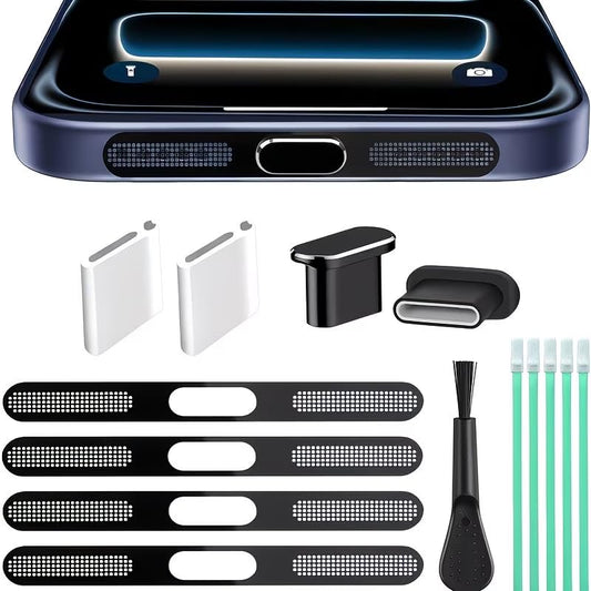 15pcs Set Phone Dust Plug Cleaning Kit Type C Speaker Mesh Protector | Plastic dust plugs and mesh stickers protect Type-C charging ports from pocket dirt for smartphone users. - color: 15PCS- Black Typc-C