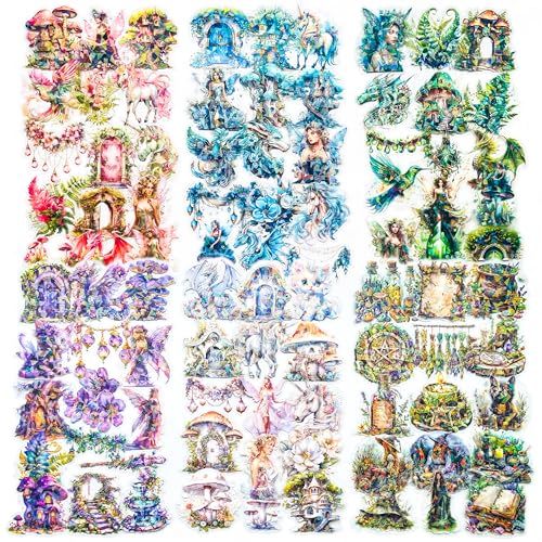 180PCS Fantasy Forest Witch Fairy Stickers – Aesthetic Dragon, Unicorn Clear Scrapbooking Supplies for Journaling, Resin Crafts, Watercolor Cryptid, Nature Decals for Planners & Notebooks - color: Fantasy Cryptid